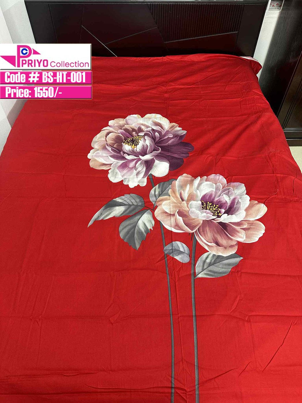 Bed Sheet - Home Text (Red-Two Flowers)